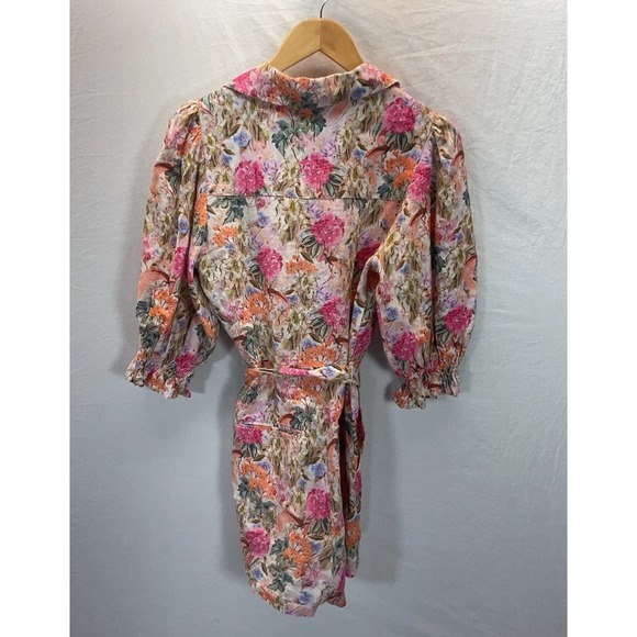 & Other Stories Pink Floral Linen Puff Sleeve Belted Romper Size 6 Casual Travel - Picture 5 of 11